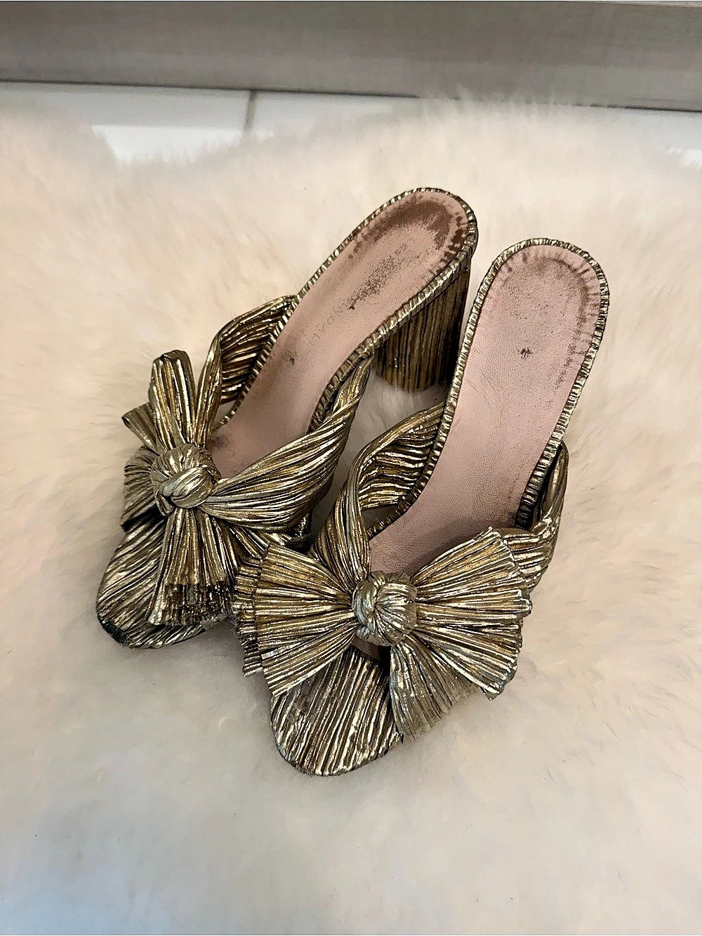 Loeffler Randall Penny Pleated Knot Mule Heels in Gold